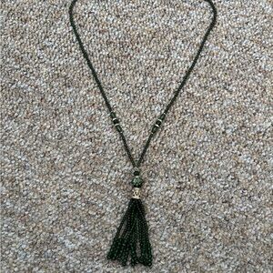 Vintage Dark Green Beaded Necklace with Tassel
